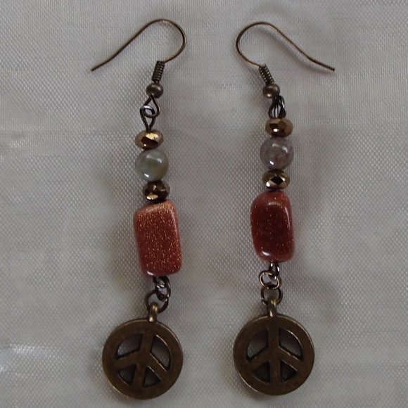 Speckled Goldstone Labradorite Gemstone Earrings Rondelle Spacers Brass Peace - Picture 2 of 13